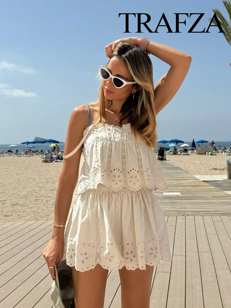 

Женский комплект из 2 предметов TRAFZA, шикарный топ с вышивкой и декоративными складками и элегантные однотонные облегающие шорты с эластичным поясом, уличная одежда TRAF