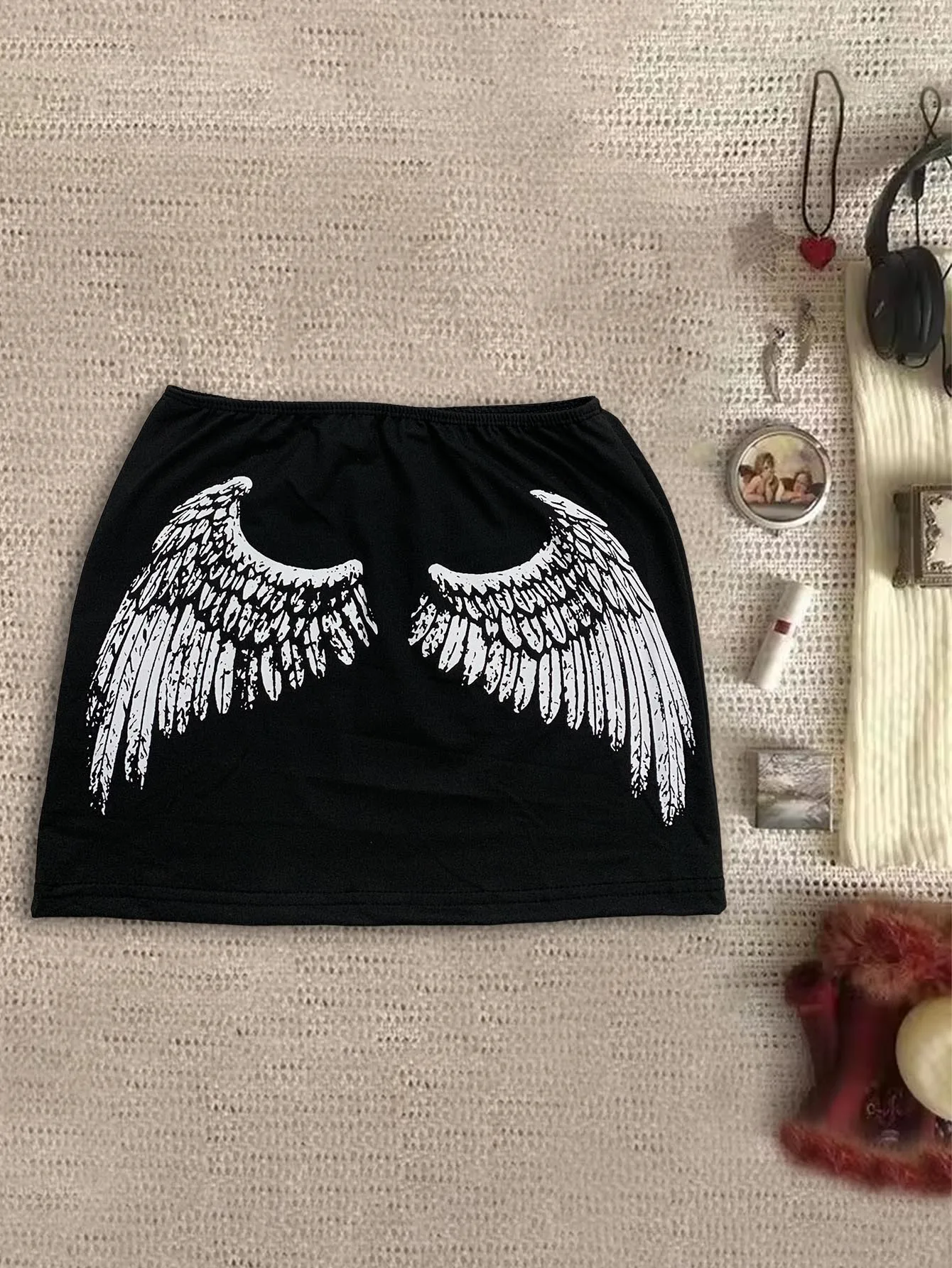 Y2K Black Bodycon Mini Skirt Women Reversible Design With Angel Wings And Letter Print For Streetwear 2