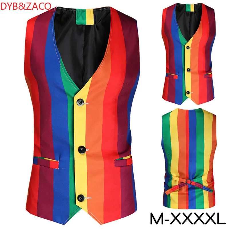 

Men's Rainbow Stripes Suit Vest Fashion British Korean Version New Clothing Banquet Trendy Casual Single-breasted Slim Waistcoat