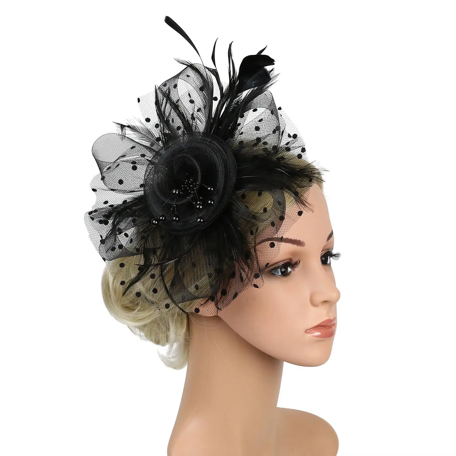 Women Girls Cocktail Wedding Mesh Flower Tea Party Headband Fascinator Hat Feathers Hair Clip Alice Headband Clip