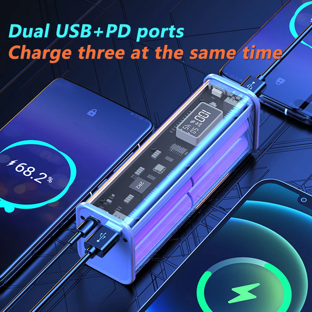 18650 Battery Case No Soldering DIY Mobile Power Transparent Technology Wind Charging Power PD22.5W Fast Charging 6