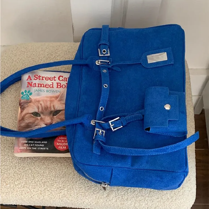 2025 New Large Capacity Vintage Style suede Tote Bag With Belt Buckle Closure Soft Cow Leather Shoulder Handbag For Office Use