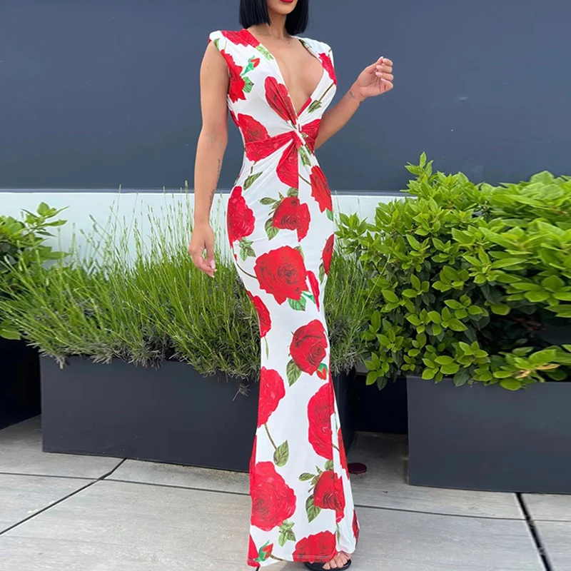 

Элегантное облегающее длинное платье с открытой спиной и запахом, пикантное плиссированное платье с цветочным принтом и глубоким V-образным вырезом, женское платье без рукавов на лето