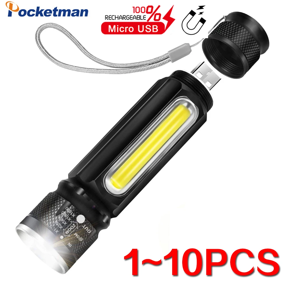 1/10 Pcs T6 LED+Side COB Flashlight USB Rechargeable Flashlights