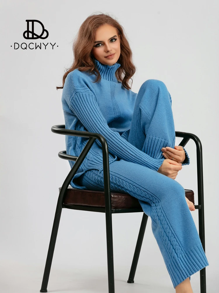 

New Knitted Sweater Wide Leg Pants Two-piece High Neck Pullover Thickened Loose Fitting for Women Two Piece Sets Womens Outifits