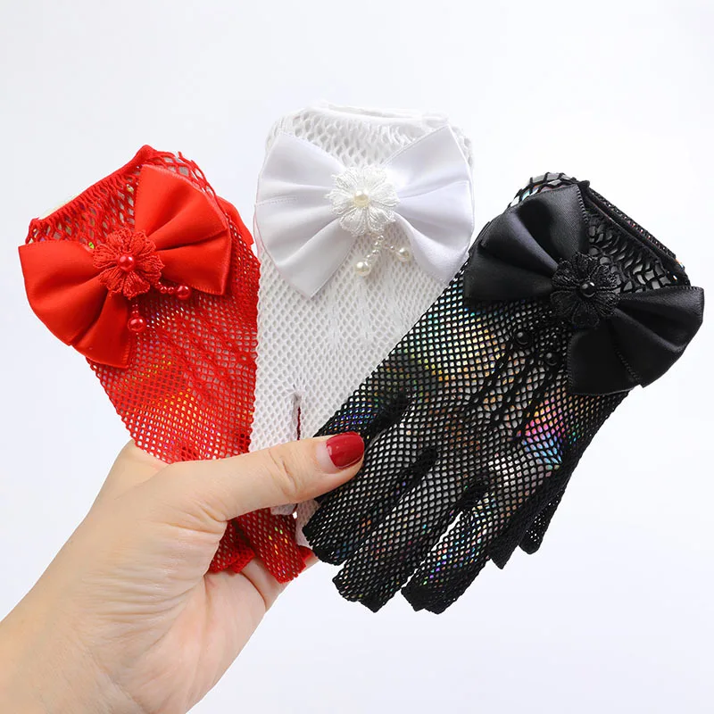 Kids Party Lace Pearl Fishnet Gloves Communion Flower Girl Party Gloves Children's Glove High Elasticity Mesh Bow Gloves