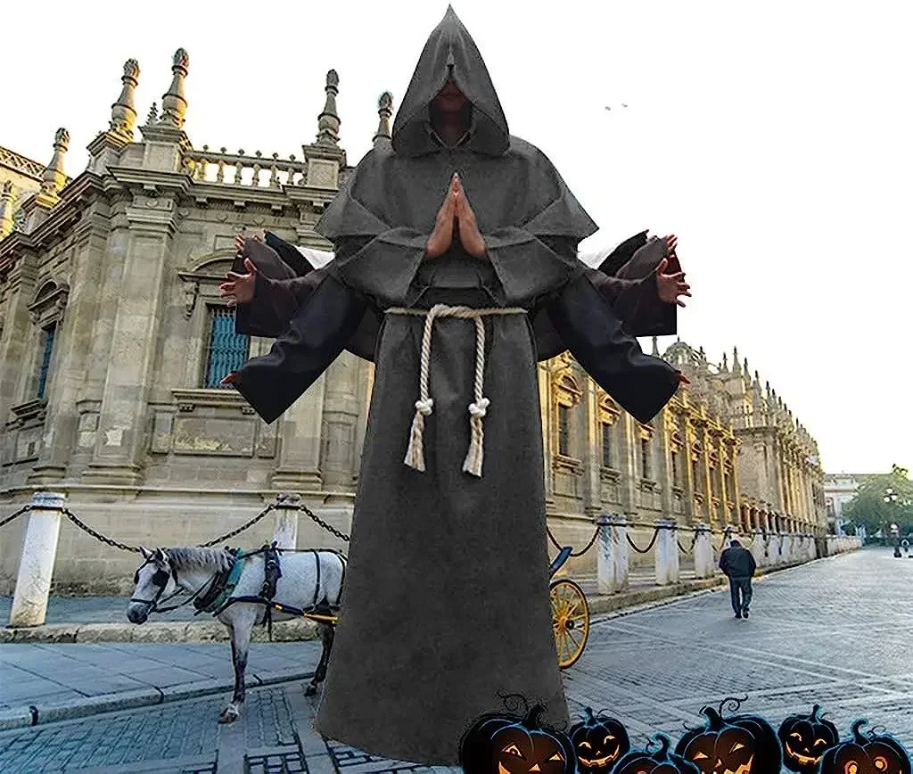 Medieval Monk Hood Cloak Sorcerer Priest Costumes Halloween Robe Wizard Knight Cape Adult Teens Outfit Party Props Set