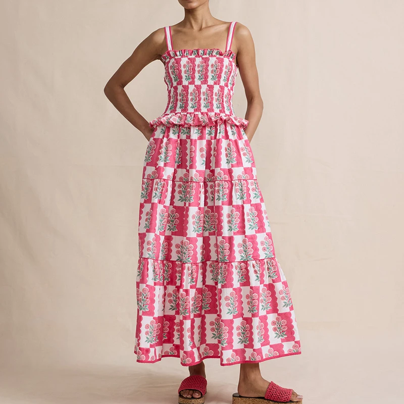 

Женское платье-трапеция на бретельках, Длинное свободное платье макси с цветочным принтом, вырезом лодочкой и оборками, без рукавов, с открытой спиной, весна-лето