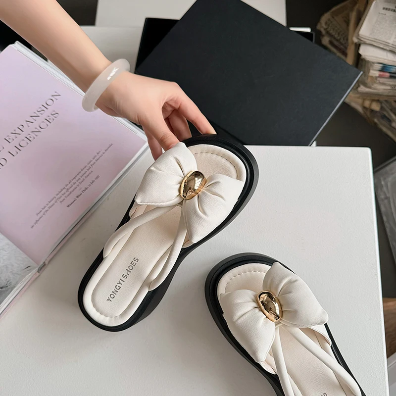 New Women's Summer Cute Pink Slippers Thick Sole Shoes Casual Platform Beach Flip Flops Leisure Bow Tie Sandals Sneakers Woman