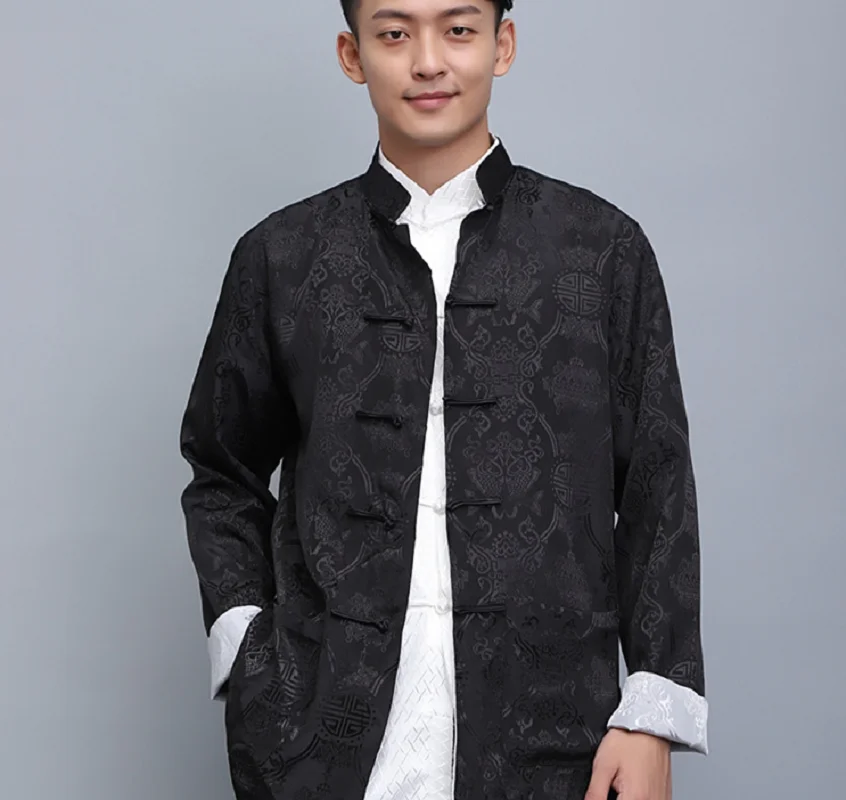 Chinese Traditional Men Double Faced Kung Fu Jacket High Quality Satin Tang Suit Coat Long Sleeve Hanfu Clothing