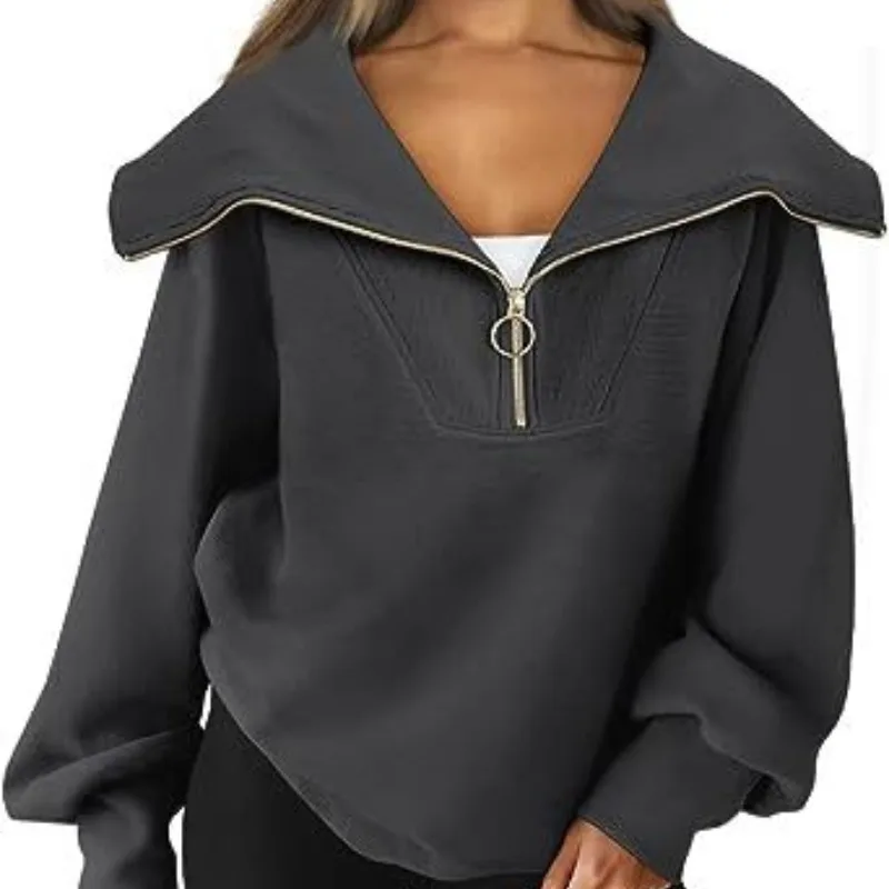 Autumn and Winter Women's Solid Color Pullover Lapel Zipper Long Sleeve Sports Hoodie Fashion Elegant Casual Office LadyTops