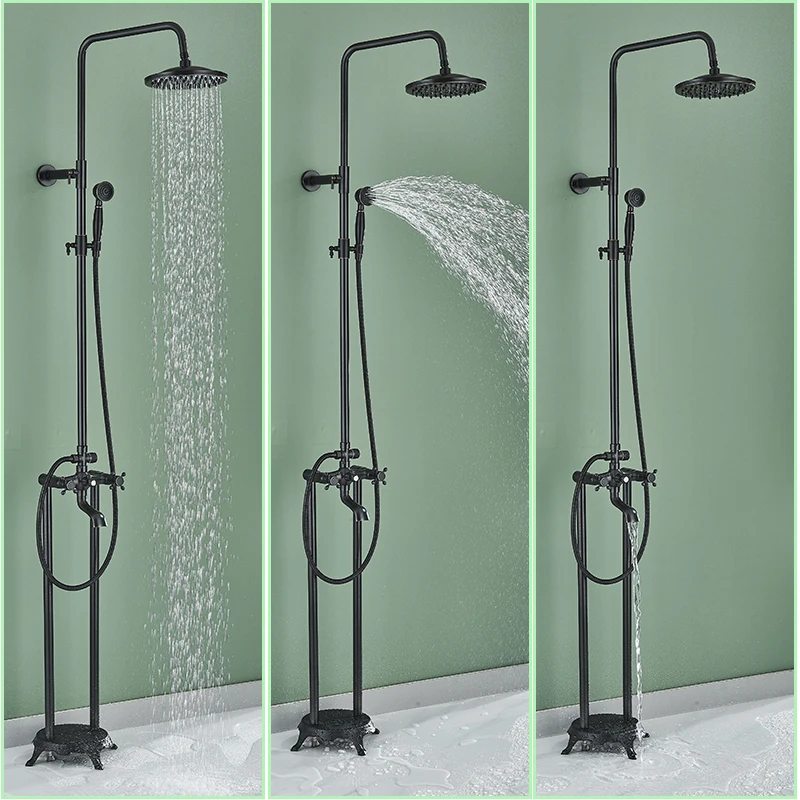 Antique Brass Floor Mounted Bathtub Faucet Free Standing Bathroom Shower Mixer Tap with Handshower 1.5~2m Rainfall Shower System 3