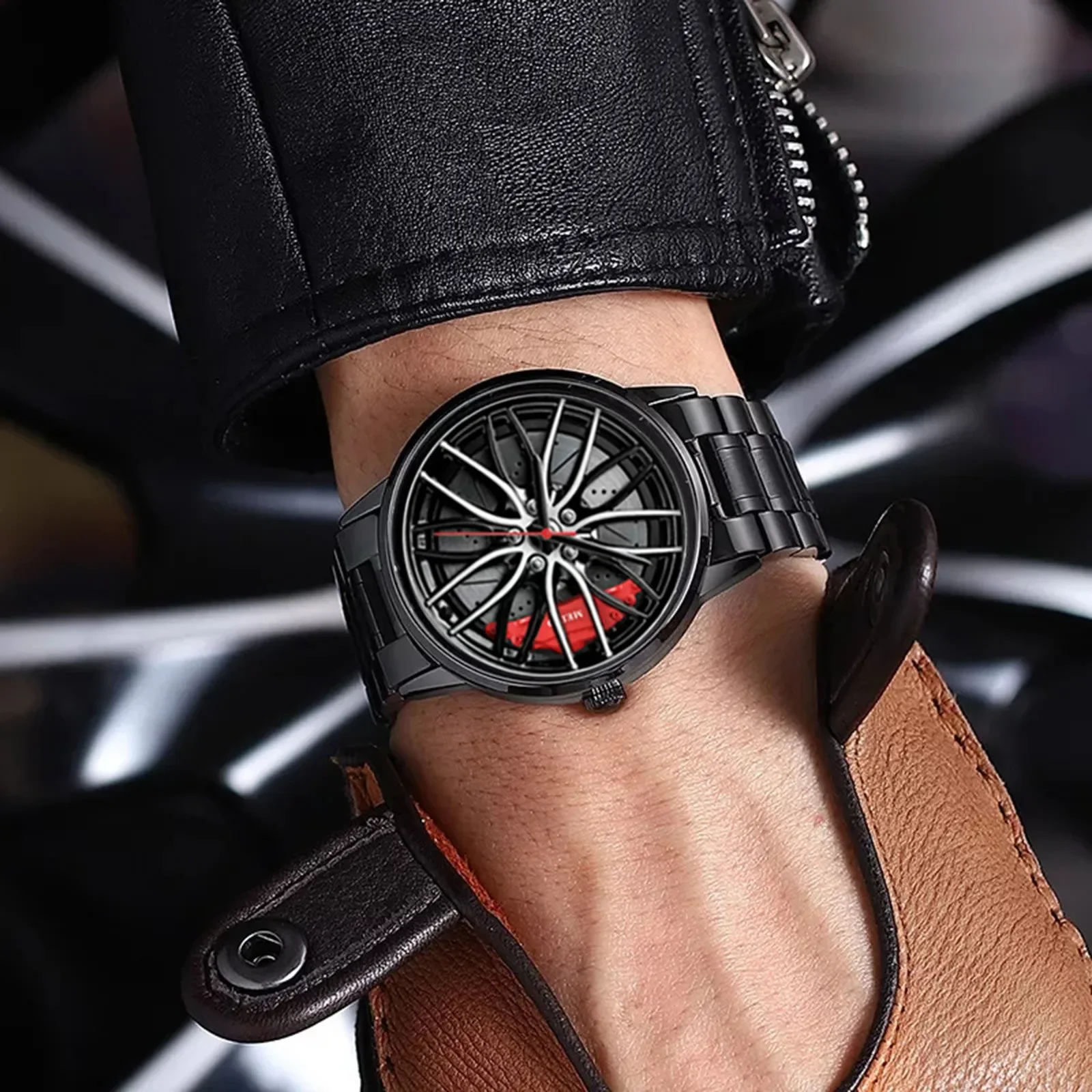 Car Watches For Men,Waterproof Stainless Steel Quartz Wrist Watch Sports Men’s Watches With Car Wheel Rim Hub Design - 3