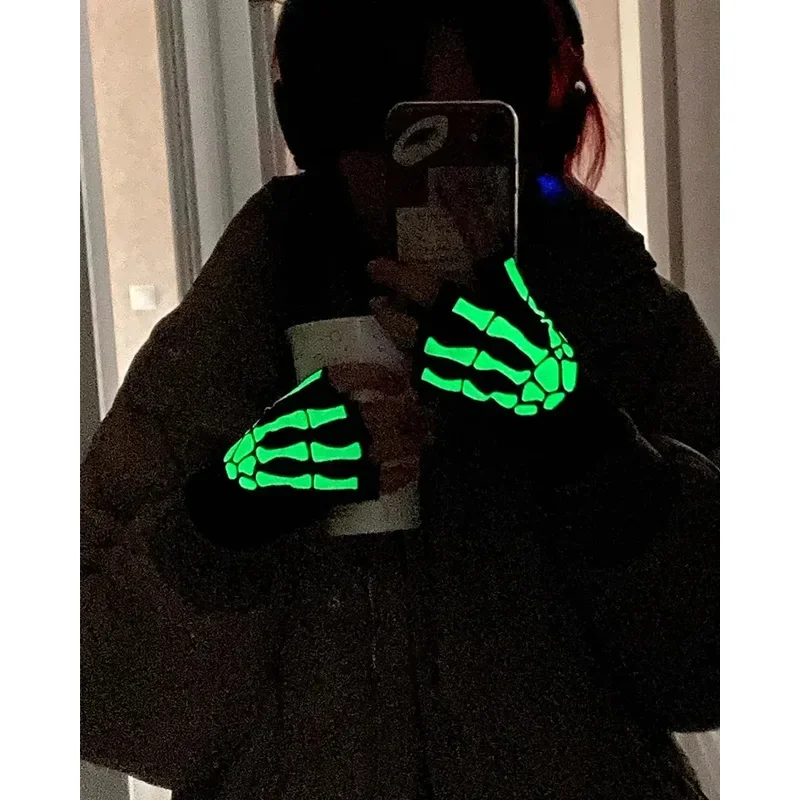 1/3/6pairs Skeleton Cycling Gloves Glow In The Dark Fingerless Cycling Skull Gloves For Kids Halloween Costume Accessory Gloves