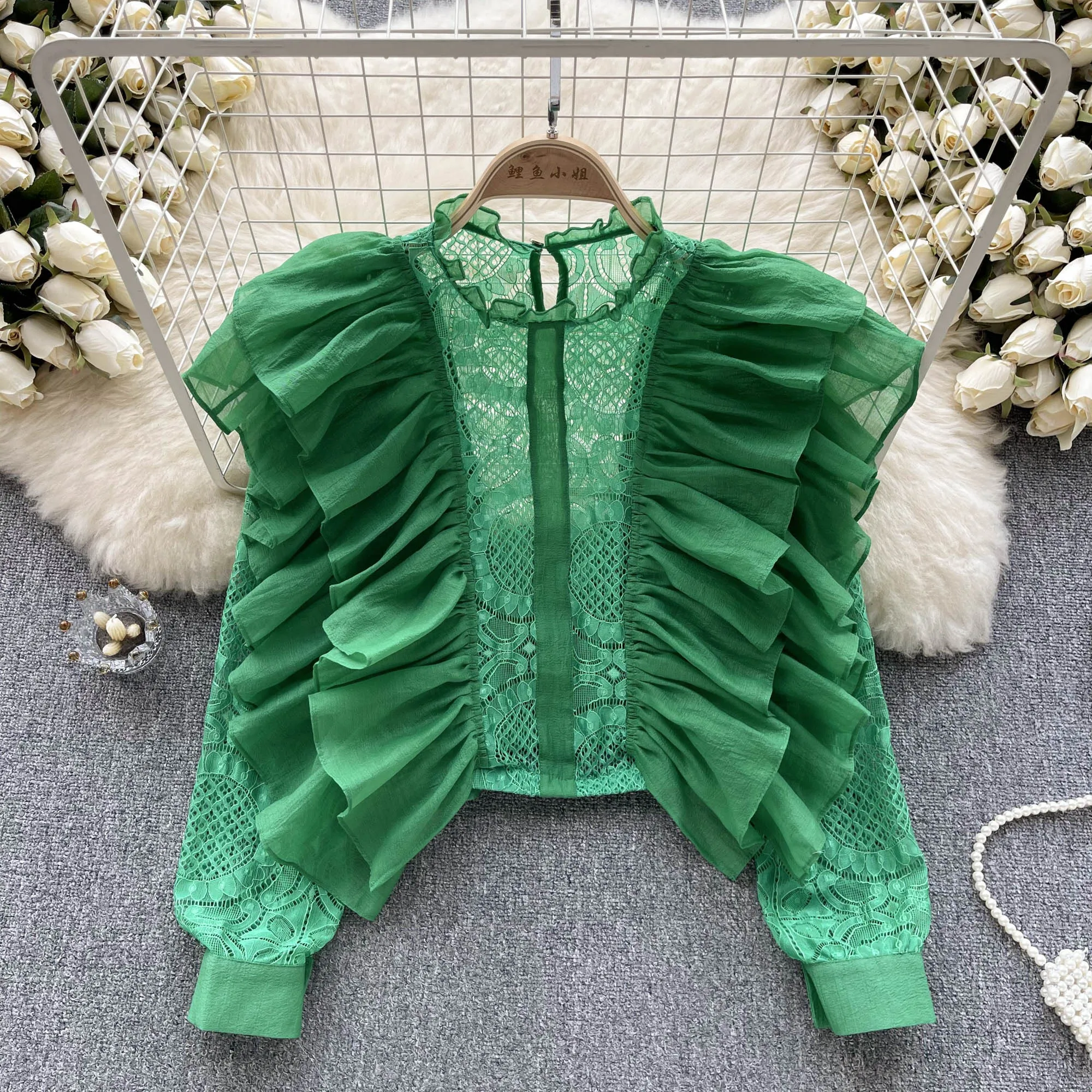 Rapbin Women's Lace Tunic Top - Ruffle Crewneck, Lantern Sleeves, Flowy Blouse, Dark Green, Size Large - View #3