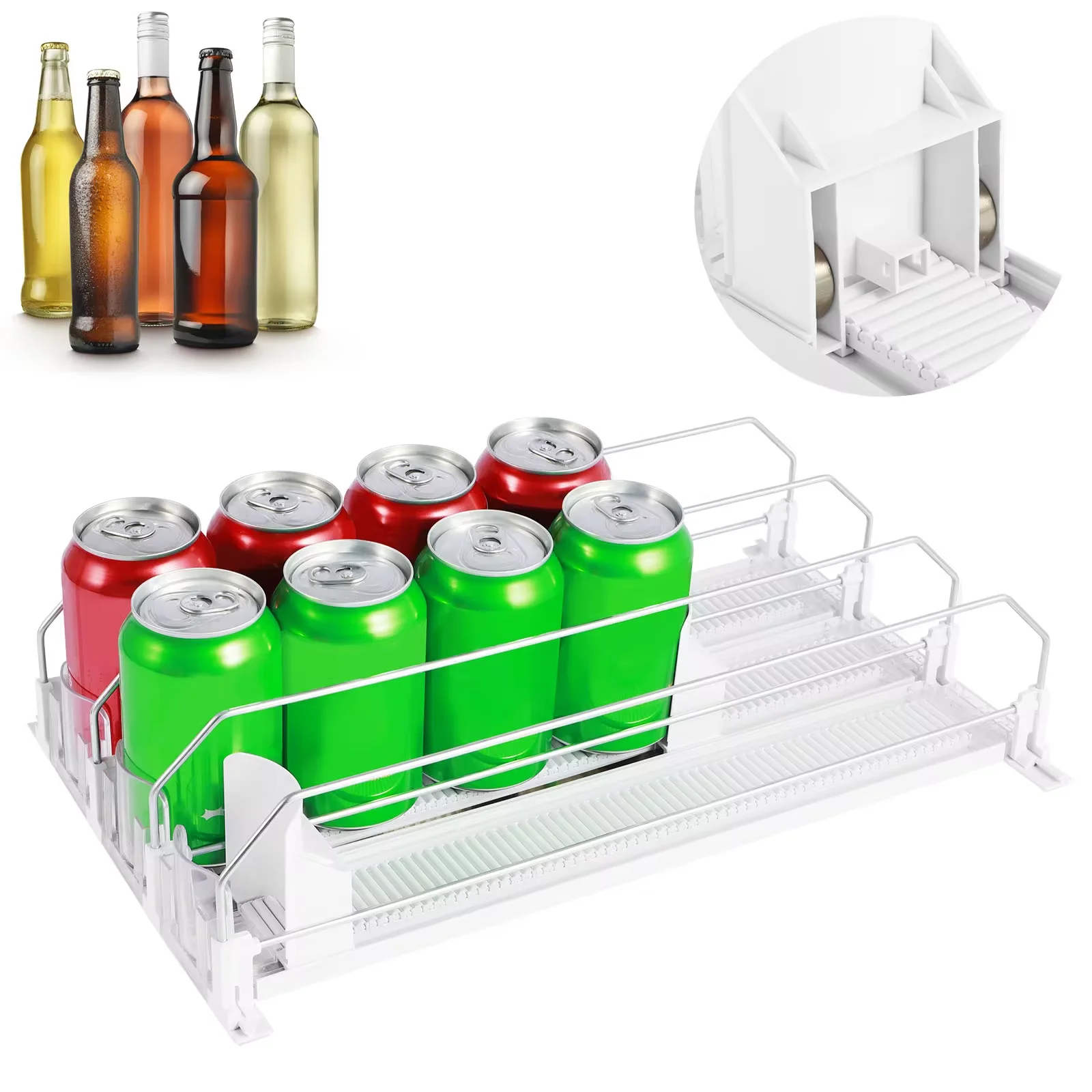 Drink Organizer Dispenser Spring Push Can Shelf Pusher Adjustable Width Soda Can Bottle Pusher E-shaped Glide for Kitchen Fridge