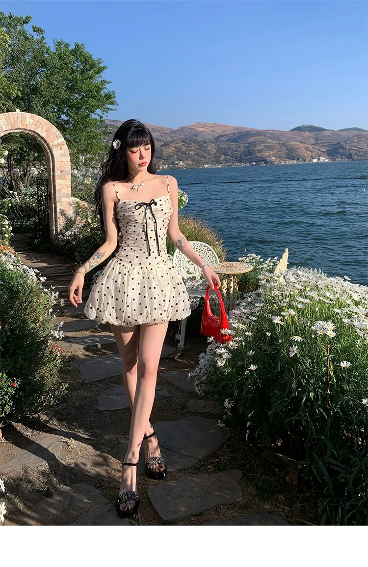 Polka Dot Birthday Party Dress Off Shoulder Puff Sleeve A-line Ball Gown Mini Dresses for Women Korean Fashion One Piece Vestido