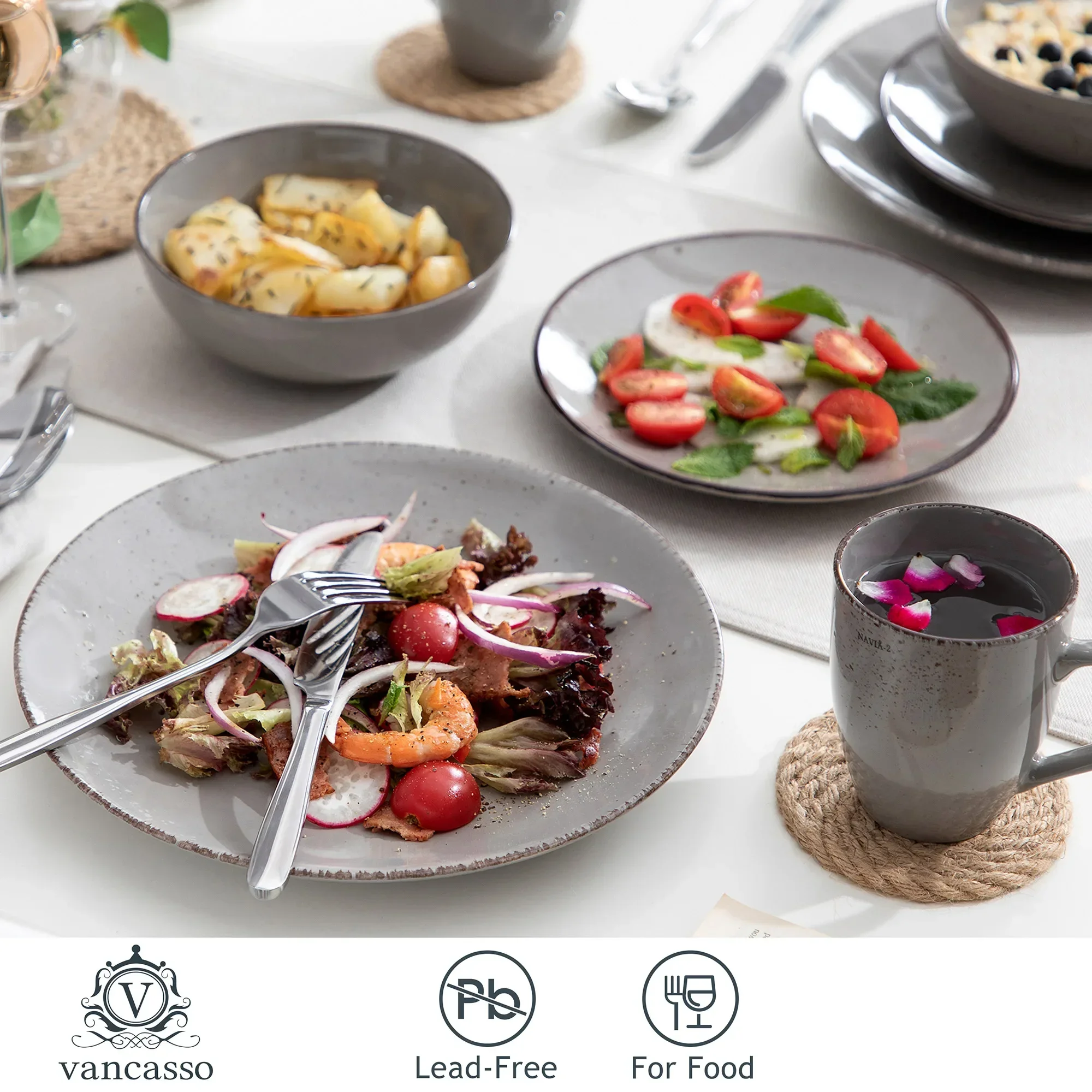 Navia Grey 16/32/48-Piece Ceramic Stoneware Dinnerware Set with Dinner Plate Dessert Plate 800ml Bowl Mug Tableware Set