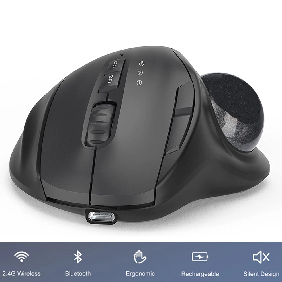 Mouse Trackball Recarregável Usb sem Fio 2.4g Bluetooth Ergonômico Ratos para Mac pc Gamer 2400dpi Jogos