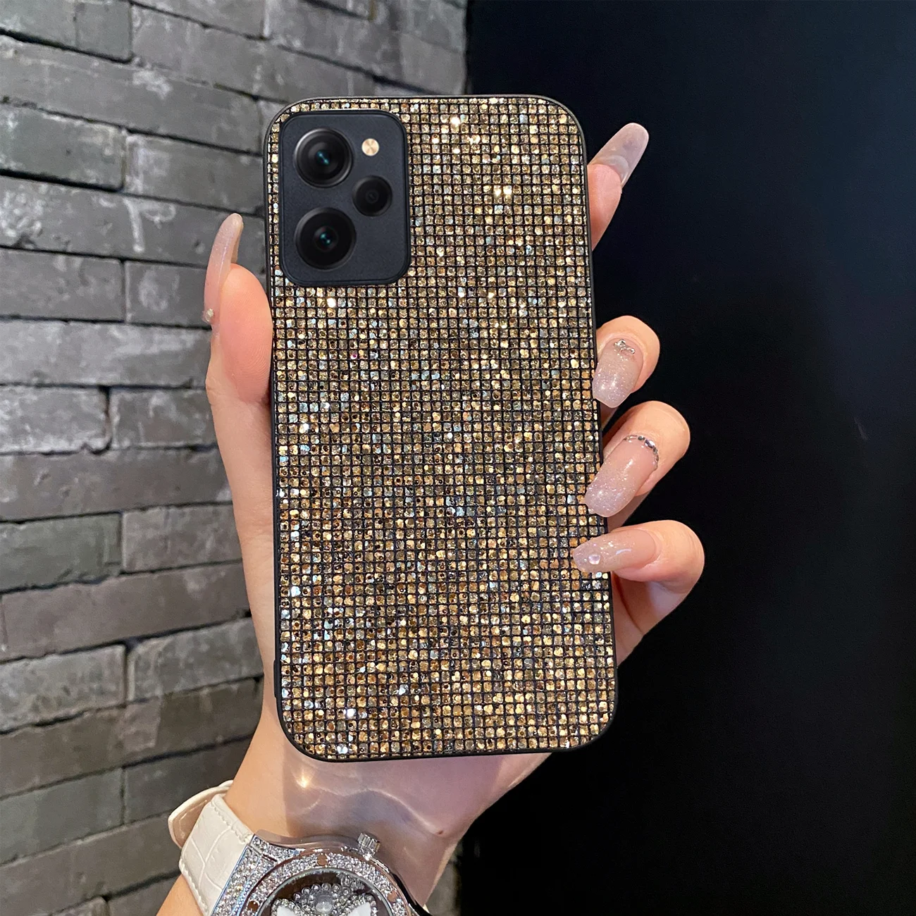 Luxury Shiny Gold Grid Pattern Fashion TPU Shockproof Glitter Phone Case