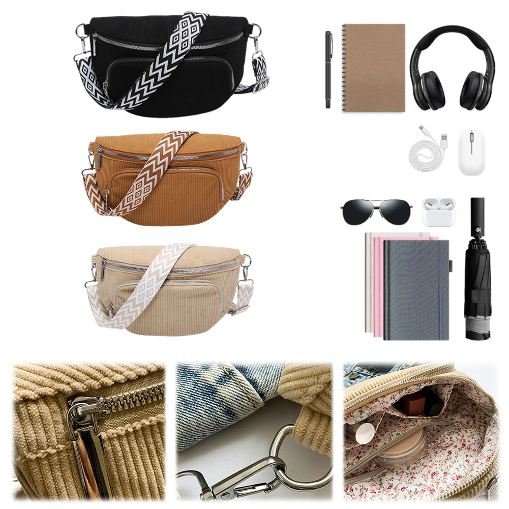 Corduroy Chest Bag Stylish Crossbody Bag Wide Guitar Strap Vintage Shoulder Bag Multi-pockets Casual Waist Bag Casual Sports Bag