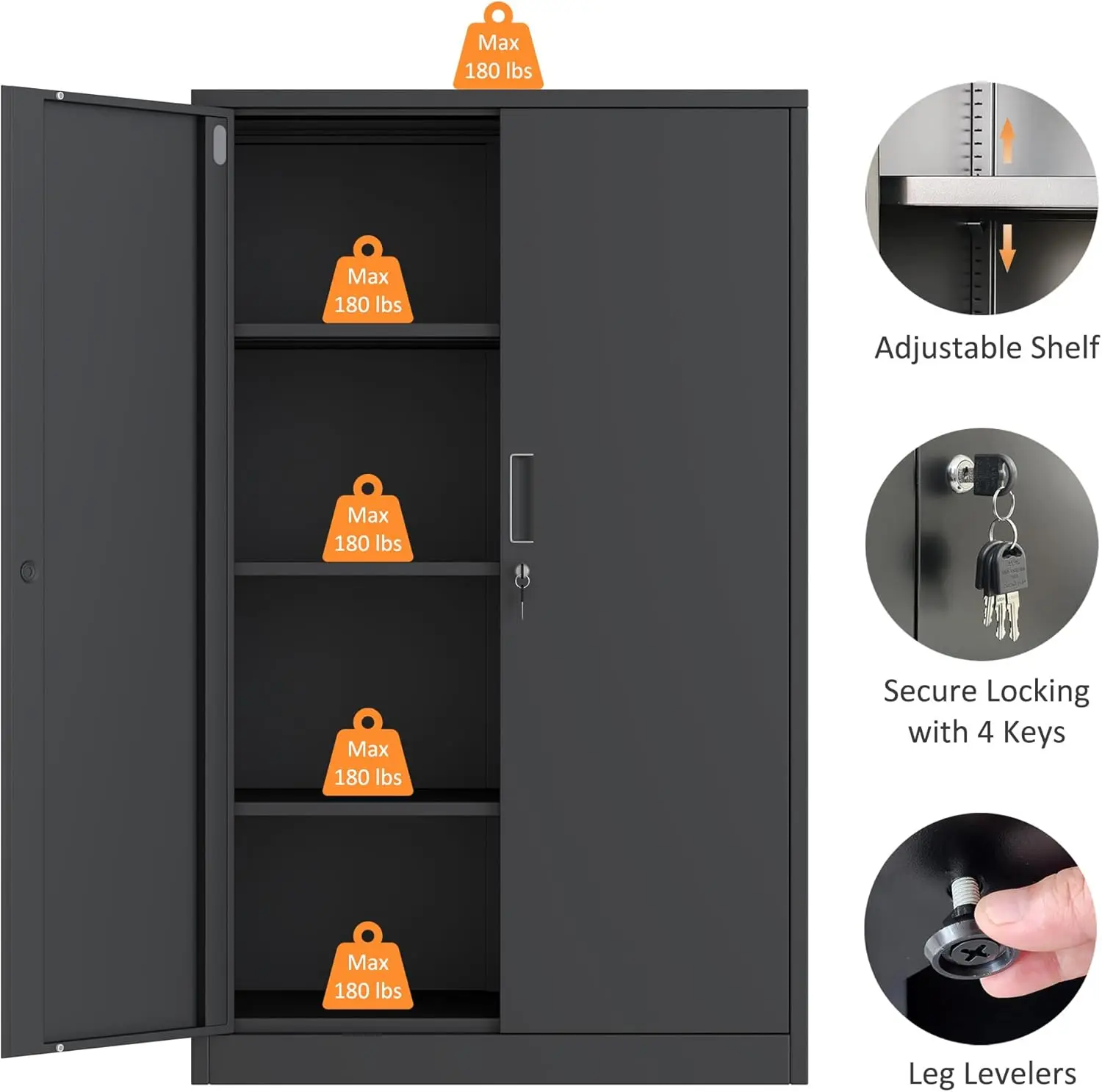 Tool cabinet Metal Storage Cabinet with Locking Doors and 3 Adjustable Shelves 53.5-Inch Lockable Storage Cabinets Black 5