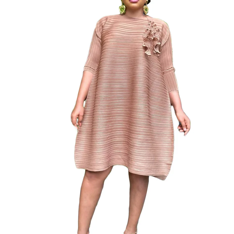 

2022 Elegant Loose Robe African Women Short Sleeve Solid Color Knee-length Dress African Dresses for Women Summer A-line Dress