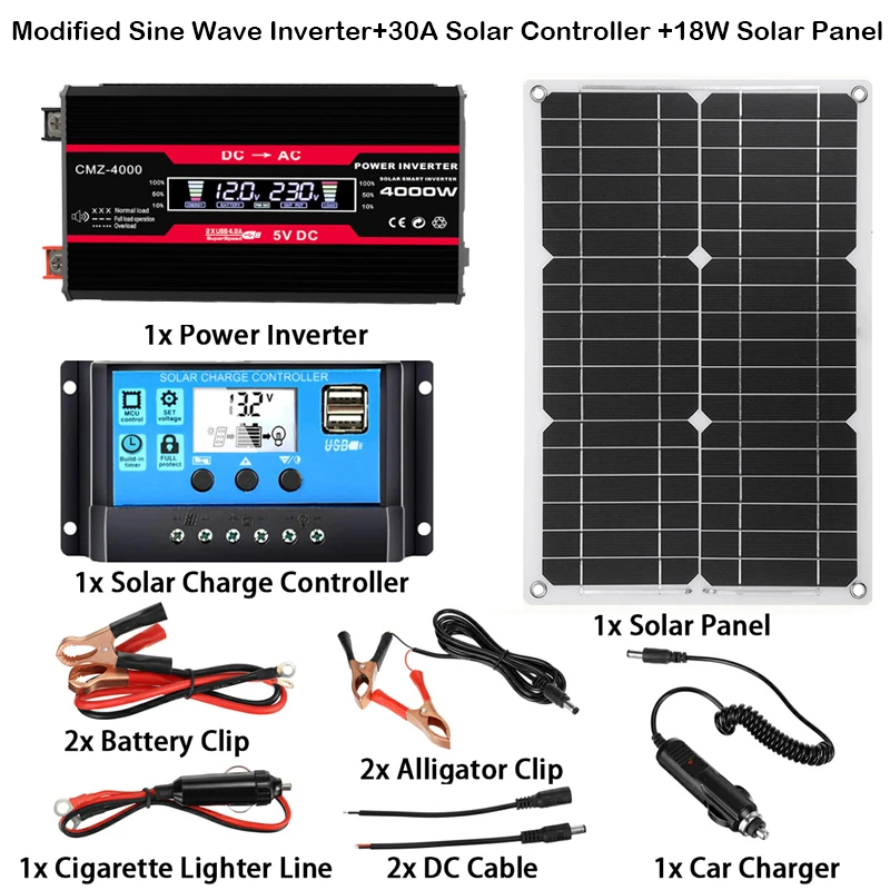 

110V/220V Solar Panel System 4000W 6000W Inverter 18W Solar Panel 30A Charge Controller Kit Power Generation Kit for Car Outdoor