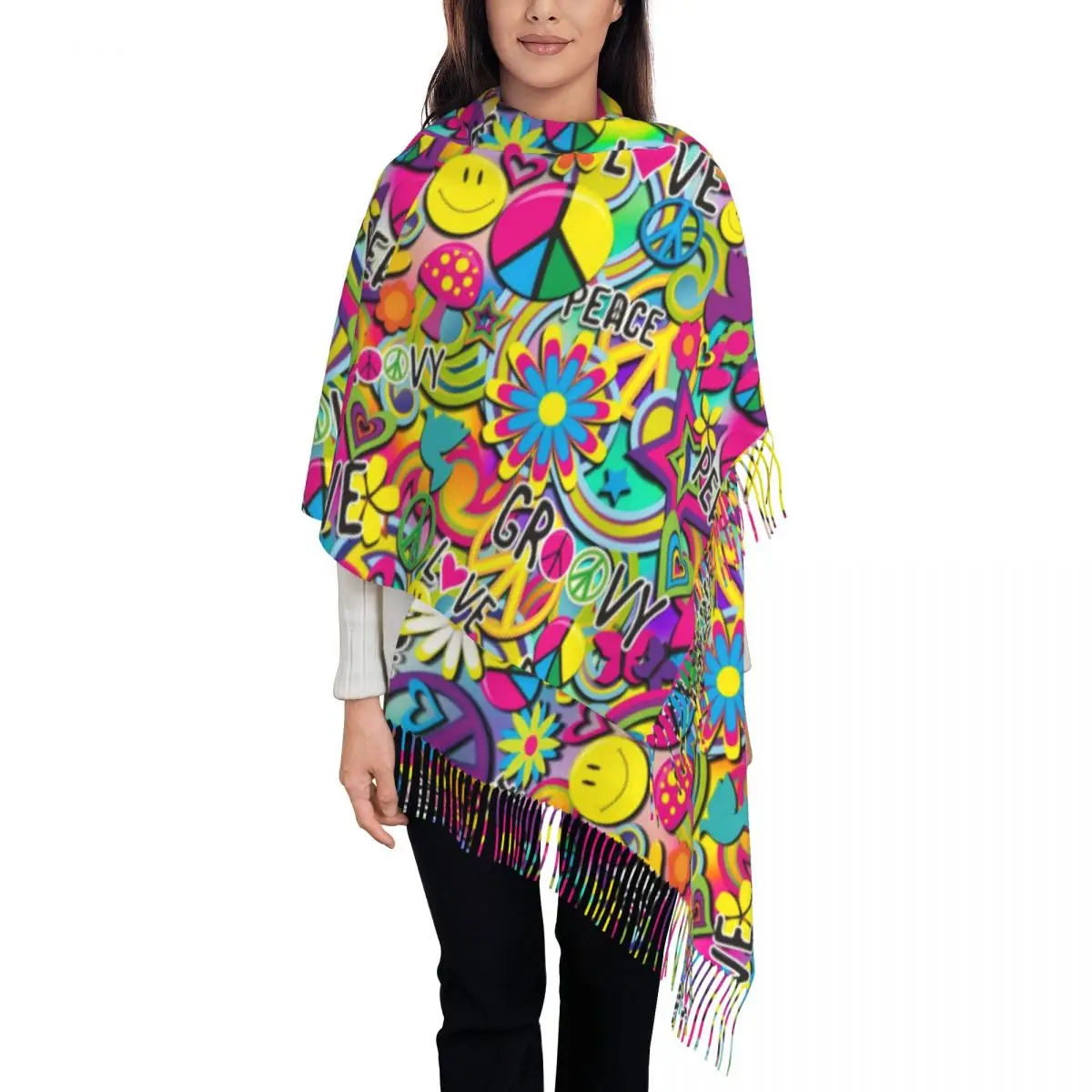 

Peace шарф с принтом в виде цветов Groovy Веселые уличные шали и шарфы с кисточками Женские винтажные головные шарфы зимний дизайн Bufanda Mujer