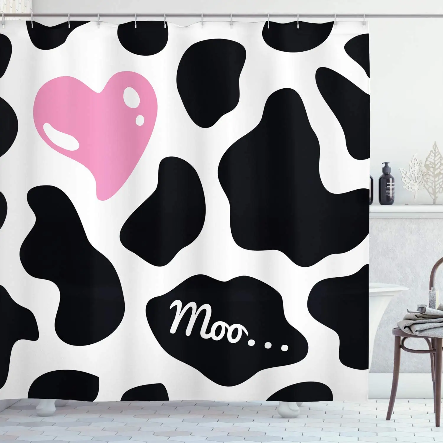 Cow Print Shower Curtain, Camouflage Hide Pattern in Black and White with Pink Heart Shape Moo, Cloth Fabric Bathroom