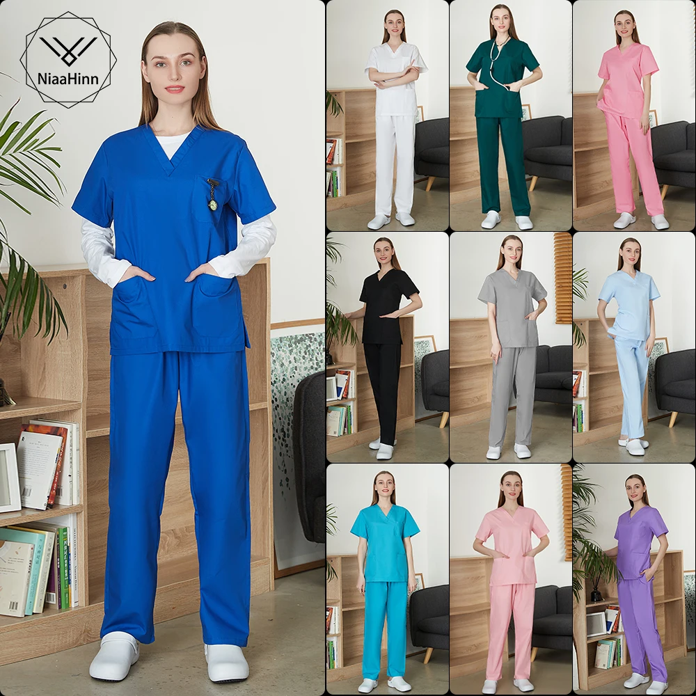 

Hot Selling Women Scrubs Solid Color Summer Short Sleeve Suit Uniform Nursing Workwear Beauty Institution Stretch Breathable Set