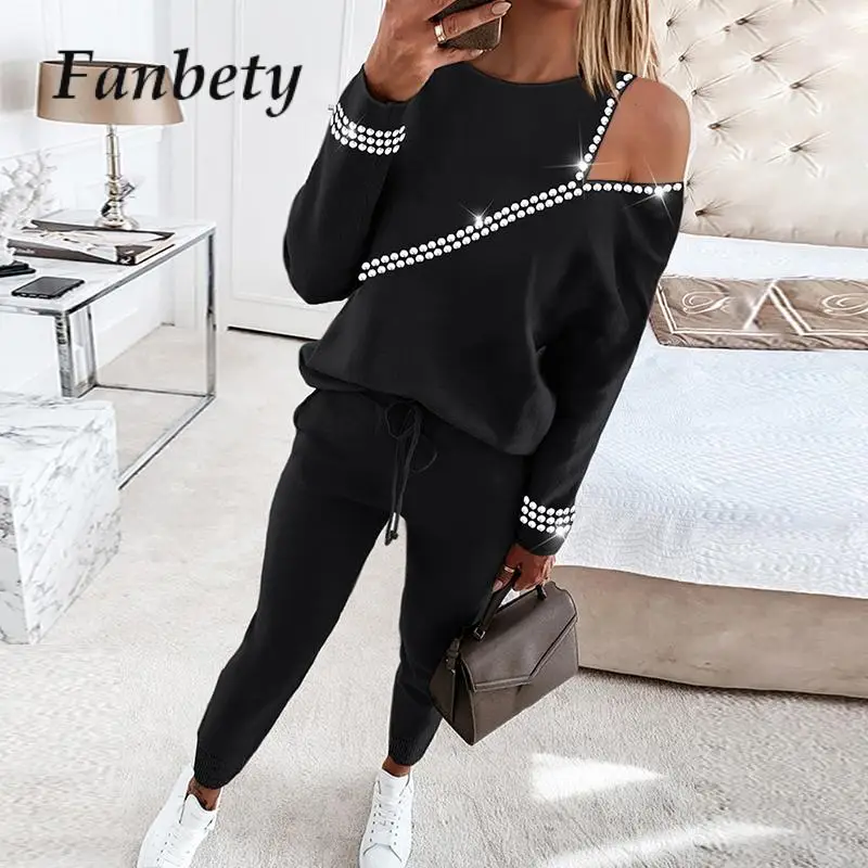 

Two Piece Set Women Tracksuit Rhinestone Clothes Fashion Off Shoulder Sweatshirt and Pants Jogging Sets Retro Lady Sport Outfits