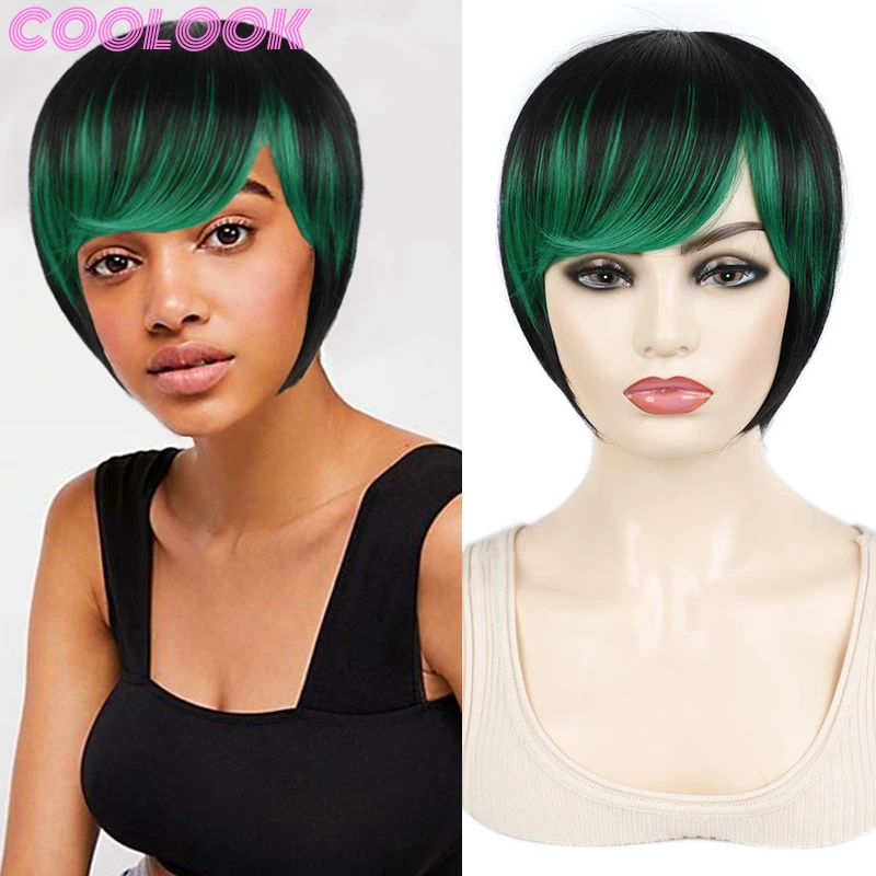 Ombre Green Short Straight Wigs With Side Bangs Pixie Cut Pink Wigs For  Black Women Synthetic Purple Blue Red Wig Peruca Cosplay - Synthetic  Wigs(for Black) - AliExpress