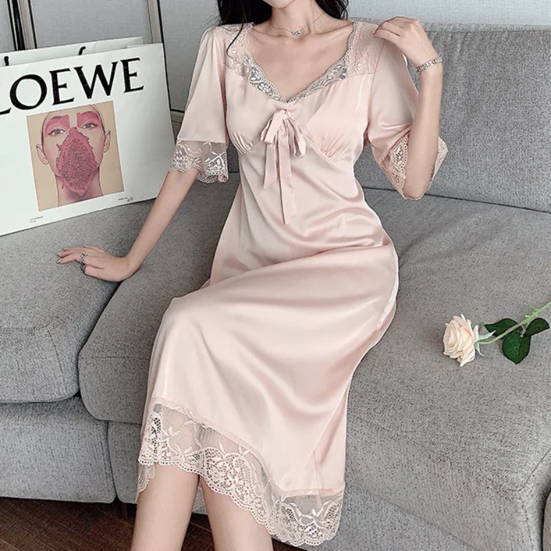 

Женская летняя кружевная длинная ночная рубашка с V-образным вырезом и коротким рукавом