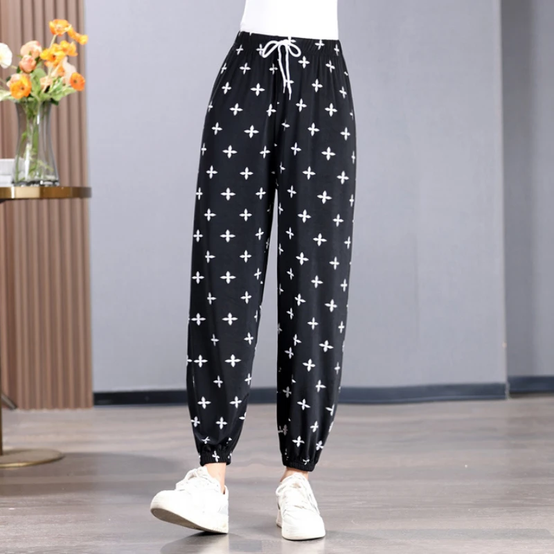 Summer Fashion Thin Ice Silk Loose Lantern Pants Women's Elastic High Waist Printed Patchwork Drawstring Trendy Harlan Trousers