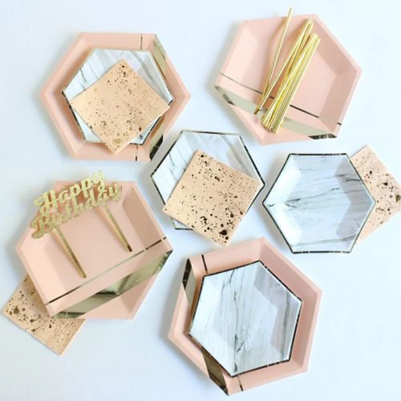 Bronzing Black Pink Disposable Tableware Party Paper Plates Napkins Cups Kids Birthday Baby Shower Party Wedding New Year Decor