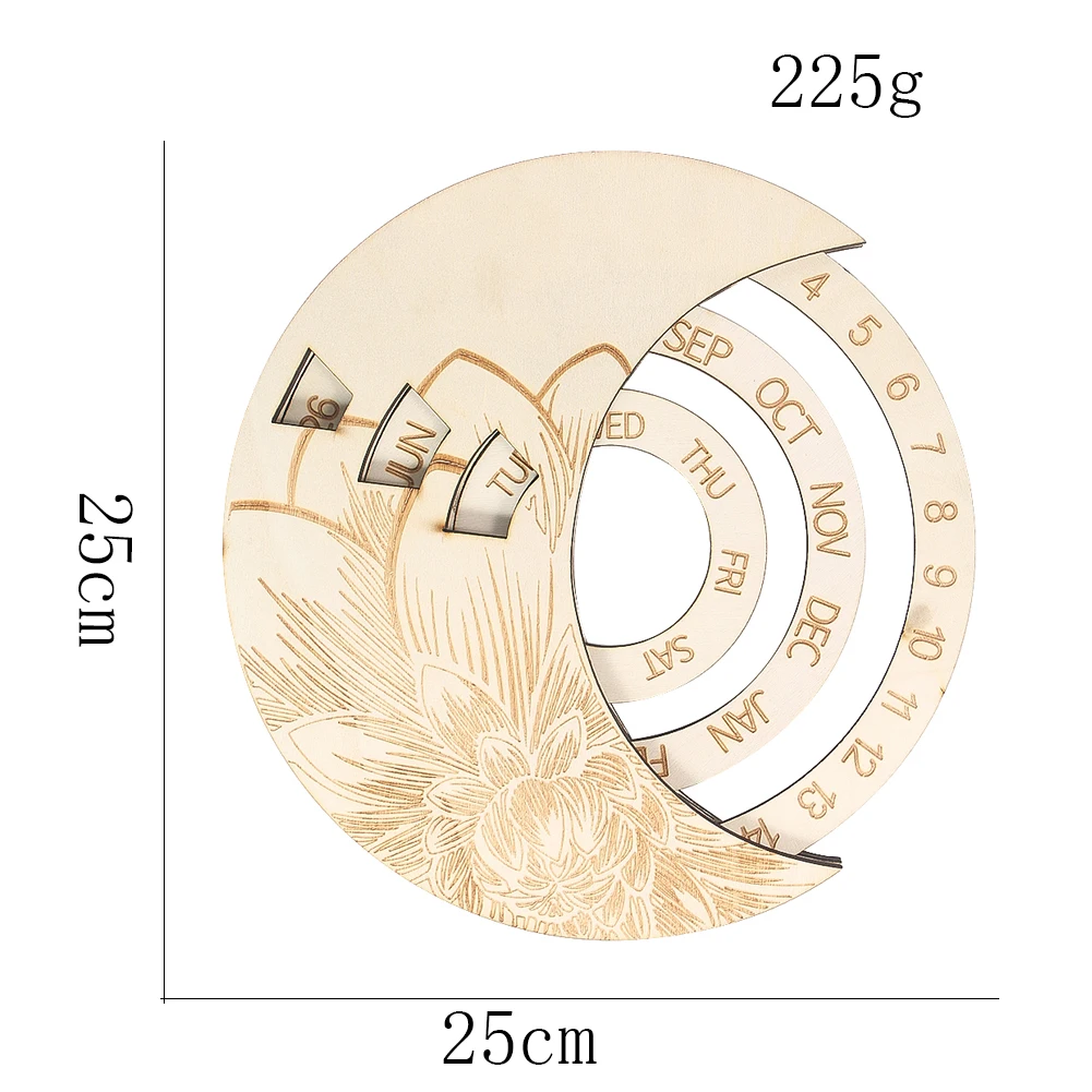 Wooden Round Rotatable Perpetual Calendar Laser Engraving Flower Pattern Estudio Wall Decor Clock Date Week Display Crafts