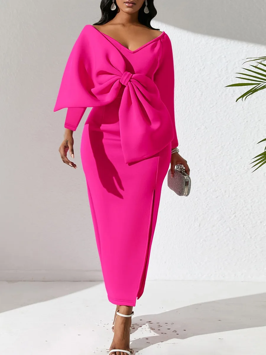 

LW Elegant Fall Maxi Dresses Butterfly Decor Slit Bodycon Dress Knot V Neck Long Sleeve Plain Vestidos Lady Chic Party Club Robe