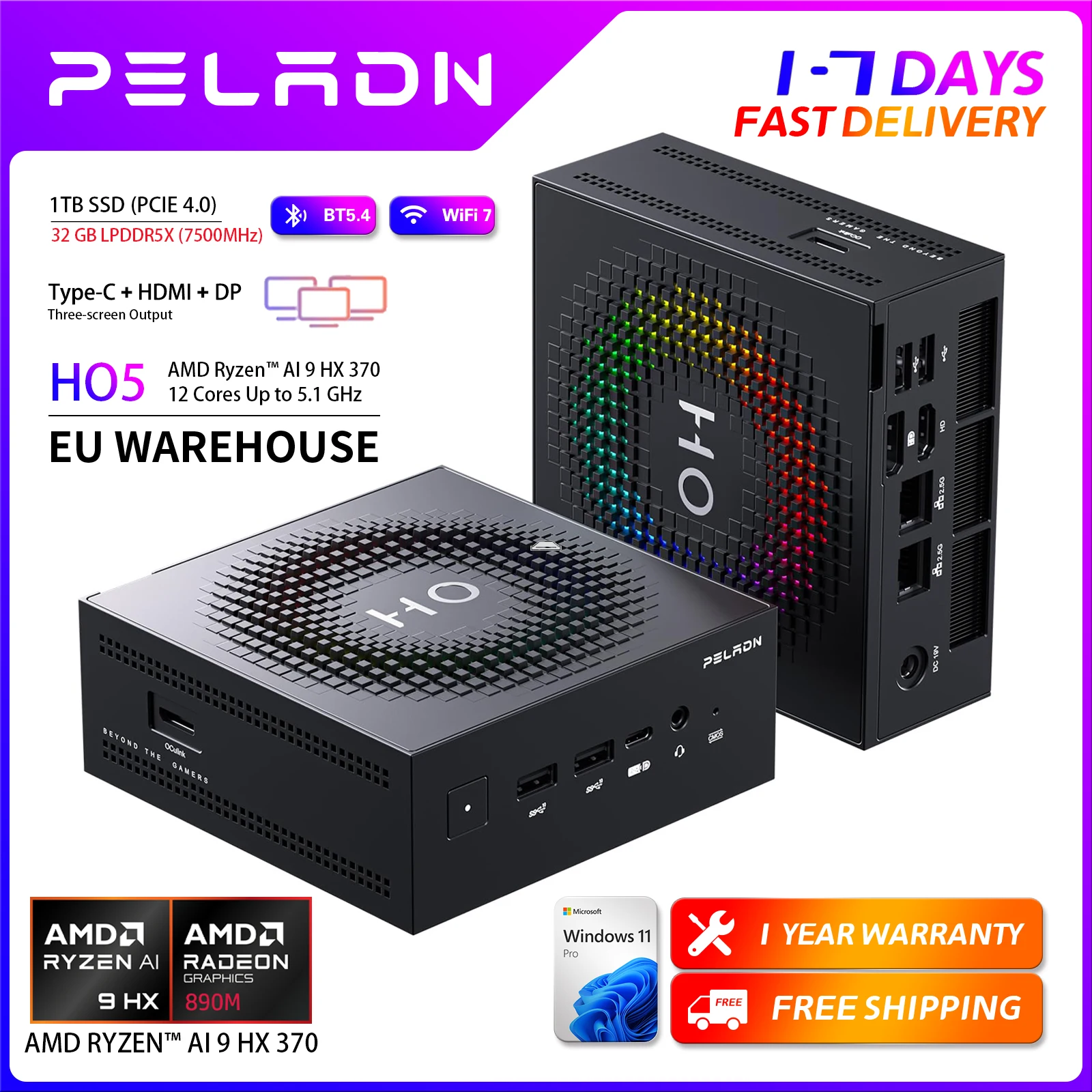 PELADN Mini PC de jeu AMD Ryzen AI 9 HX 370 (12 cœurs, jusqu'à 5,1 Ghz), 32 Go LPDDR5X 1 To PCIe 4.0 SSD double 2,5 G LAN USB4 20 Gbps Type-C/DP/HD Mini ordinateur de bureau WiFi7 4K/60 Hz Triple écran USB3.2/BT5.4