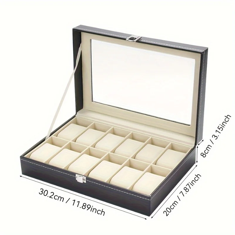 1pc Elegant Watch Storage,3/12-Compartment Showcase with Glass Top & Secure Locking Feature,High-Quality Faux Leather for Home