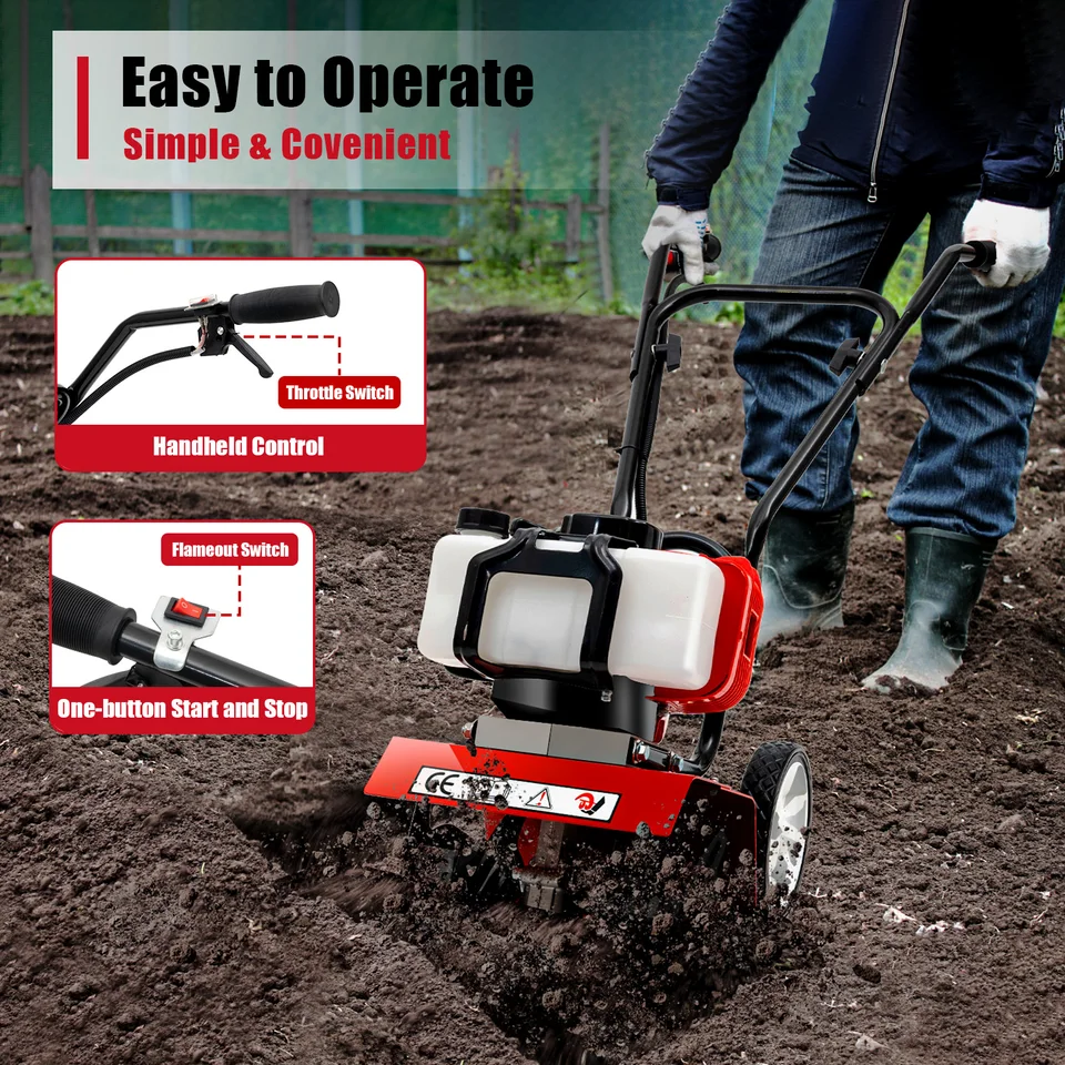 Motobineuse motoculteur 2 temps 52 cc Cultivateur de jardin à essence Petit  motoculteur pour creuser et desserrer le sol