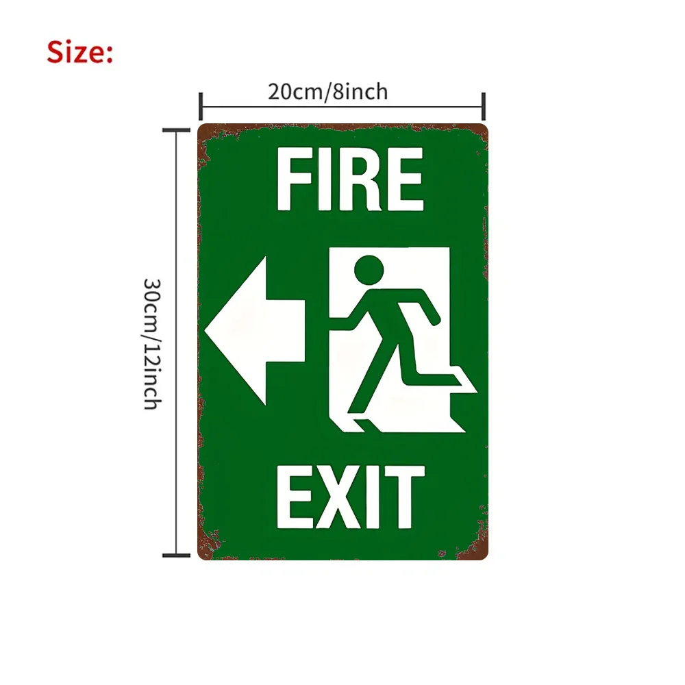 Letrero de salida de incendio, placa de hojalata de Metal de 8x12 pulgadas, letrero de seguridad de evacuación de emergencia con flecha y símbolo, decoración de pared blanca verde Retro
