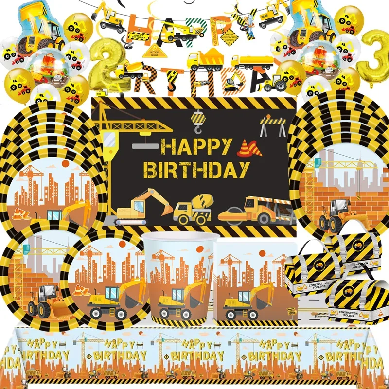 

1set Construction Bulldozer Series Disposable Tableware Paper Cups Plates Truck Balloons For Boy's Birthday DIY Party Decoration