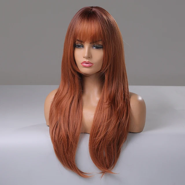 Reddish Brown Straight Layered Synthetic wig with Bangs Long hair Copper Ginger Wig for Women Daily Use Heat Resistant Wigs 3