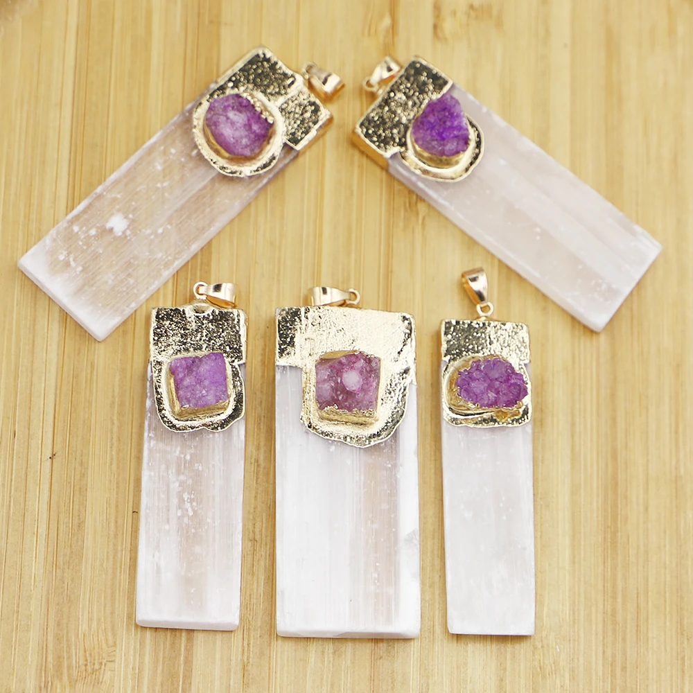 

Free Shipping Natural Selenite Plaster Pendant Rectangular Inset Amethyst Necklace Healing Energy Stone Jewelry Wholesale 6P/Lot
