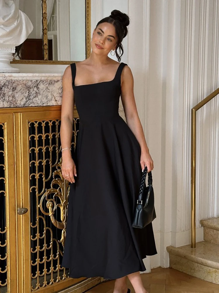 Fantoye Sexy Square Collar Maxi Dress For Women Black Spaghetti