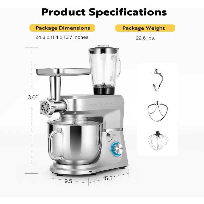 6 in 1 Multi-function Stand Mixer 10-speed Tilt Head Meat Grinder Juicer Vegetable Slicer Pasta and Cookie Maker Silver 6