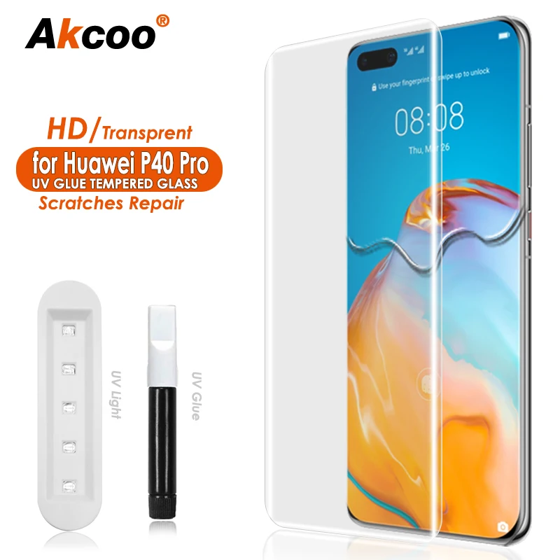 

Akcoo for Huawei P40 Pro Screen Protector UV Tempered Glass Edge to Edge Full Coverage / Sensitive Touch / Scratches Repair