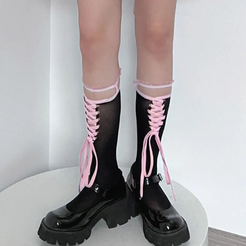 Black Nylon Lace Knee High Socks for Women Gothic Style