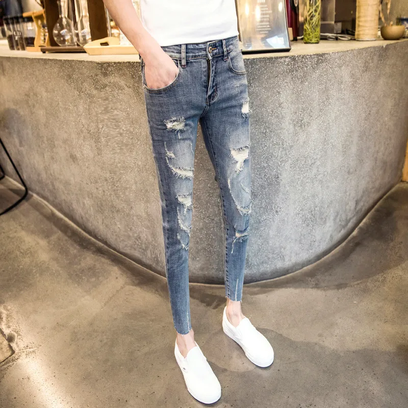 

Hot 2022 Spring Autumn Cowboy Distressed Feet Small Ripped Holes Ankle Length Denim Skinny Jeans Thin Beggar Men's Pencil Pants